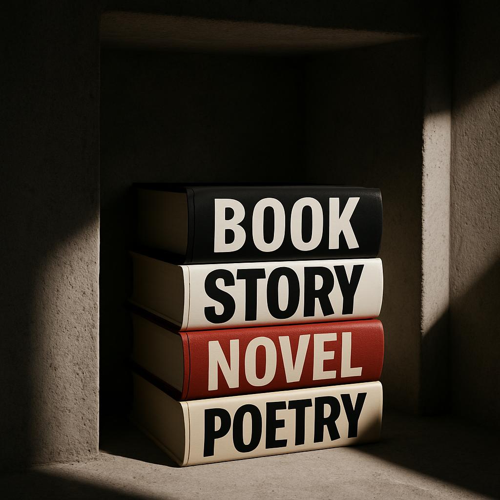 Four stacked books with alternating colors and one in the middle that says ‘novel’ in white letters, with the top, second ...