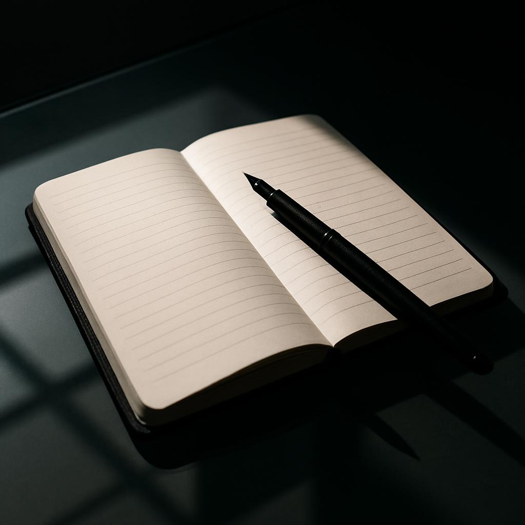 A black journal with a blank page and a matching fountain pen.